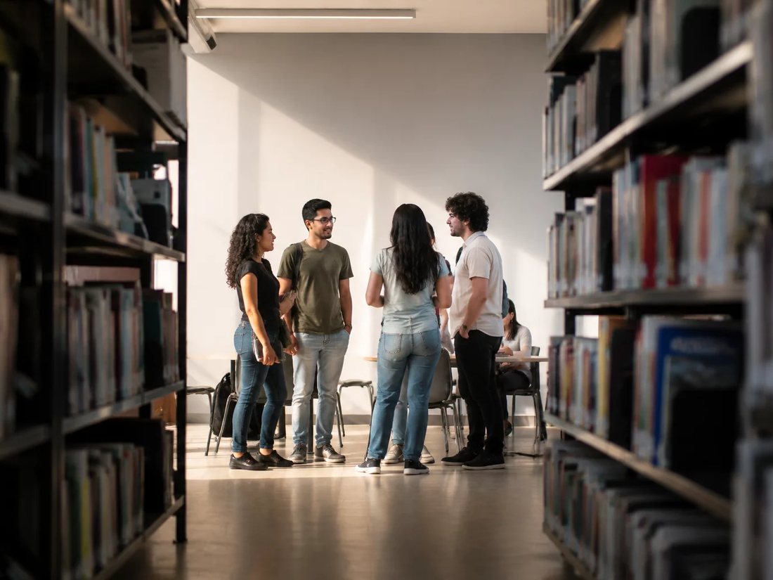 Time reunido numa sala clara enquanto uma das pessoas expõe um ponto de vista