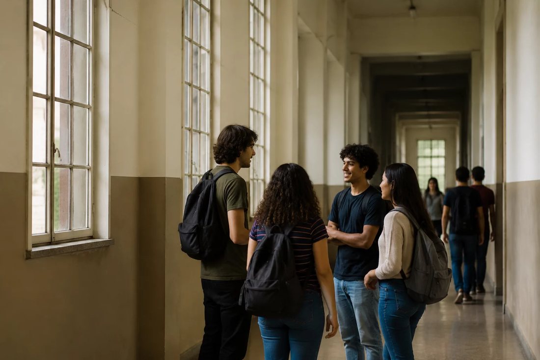 Grupo reduzido lendo teses impressas sentado em volta de uma mesa comprida